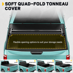 Teal truck with a soft quad-fold tonneau cover