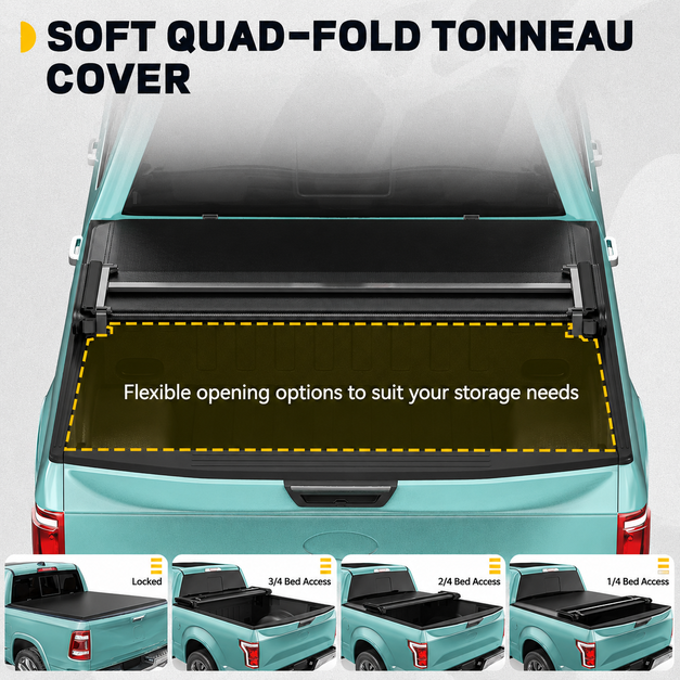 Teal truck with a soft quad-fold tonneau cover