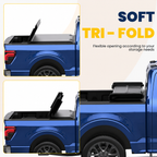 Blue truck with a soft tri-fold tonneau cover